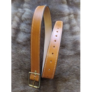Straps - 1.5" wide x 40" long (single strap) saddle tan leather finished with solid brass roller buckle to match luggage straps